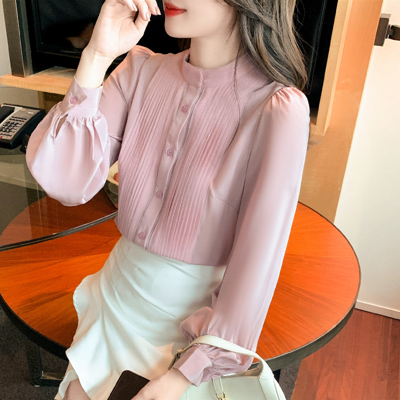 Korean style autumn tops long sleeve chiffon shirt for women