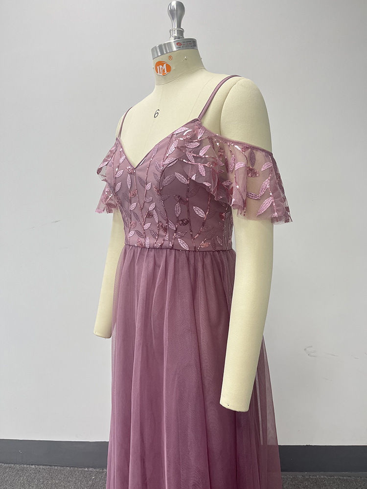 Strapless sleeve embroidery V-neck chiffon evening dress