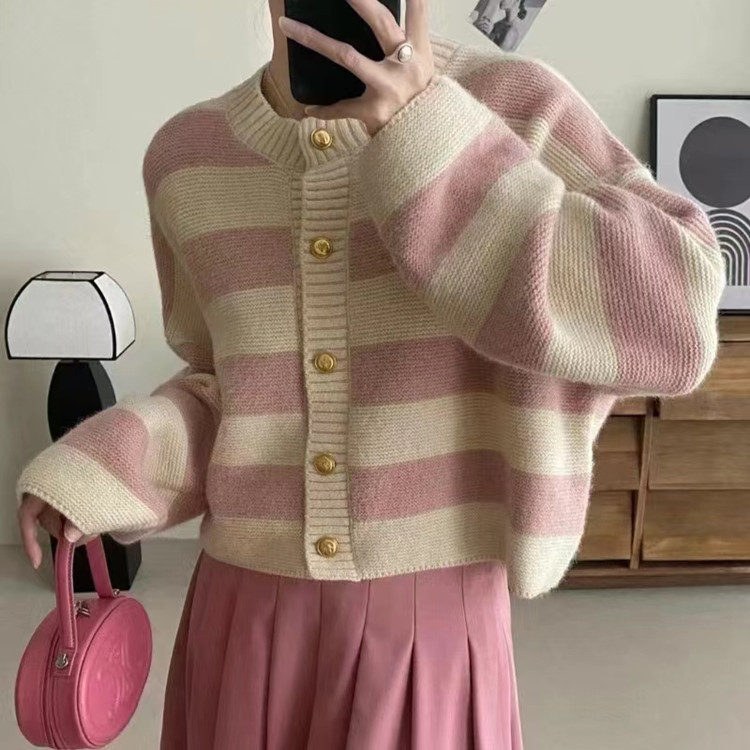 Round neck Korean style sweater stripe short cardigan