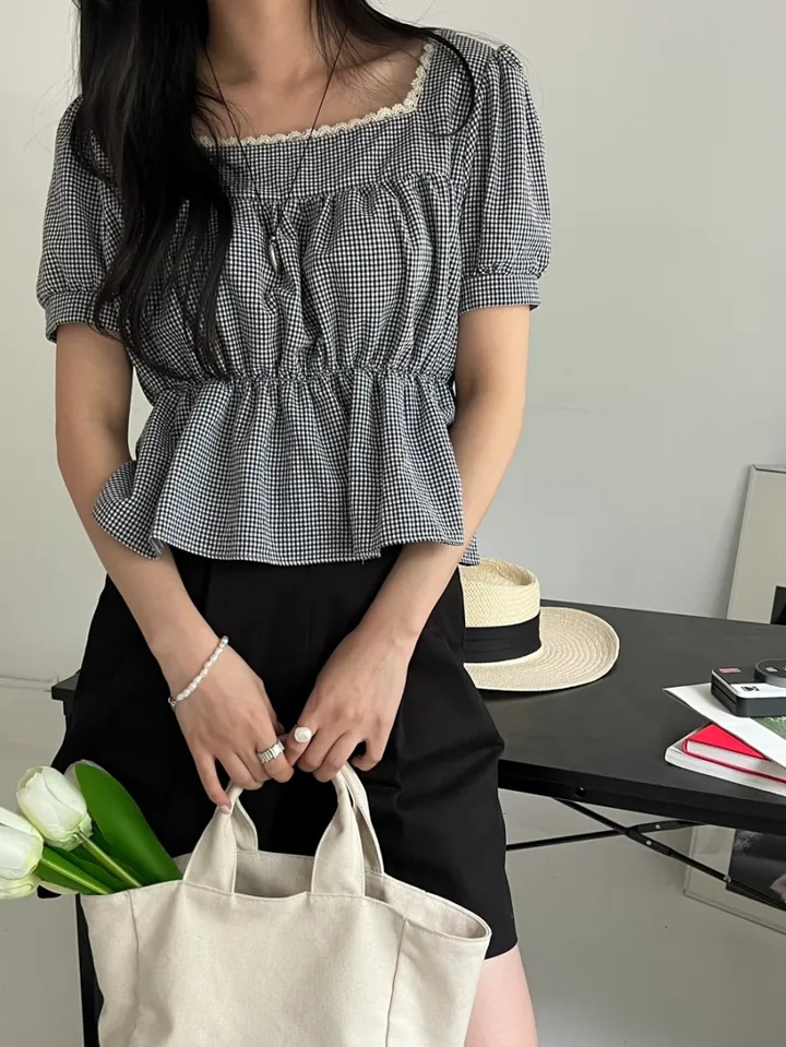 Pinched waist puff sleeve shirt square collar tops