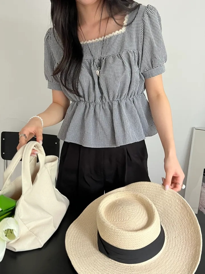 Pinched waist puff sleeve shirt square collar tops