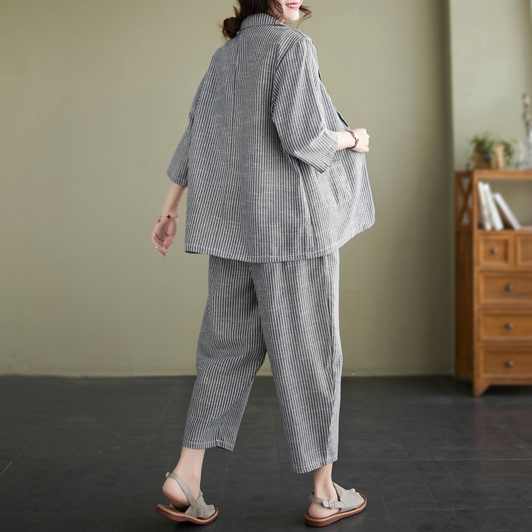 Retro stripe tops flax cotton linen coat 2pcs set for women