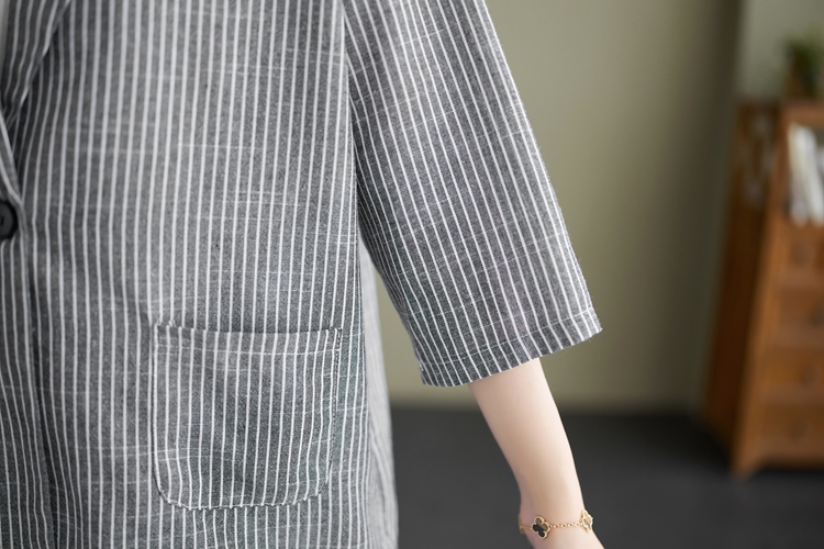 Retro stripe tops flax cotton linen coat 2pcs set for women