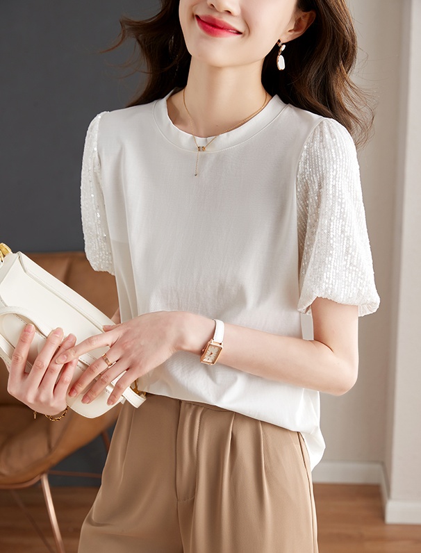 Sequins puff sleeve splice Korean style summer T-shirt
