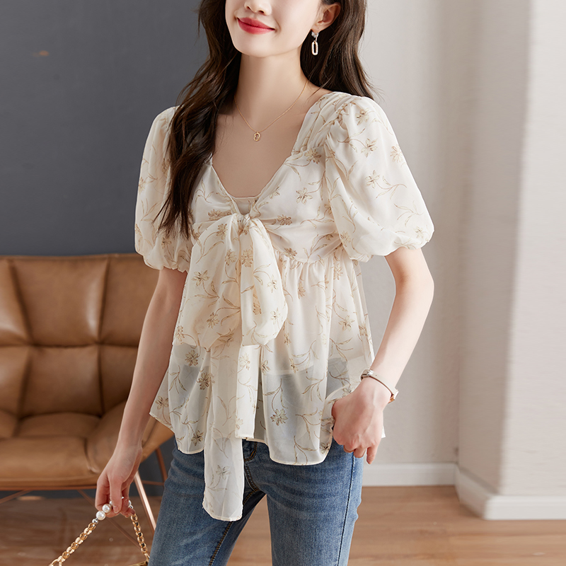 V-neck Western style chiffon shirt summer tops