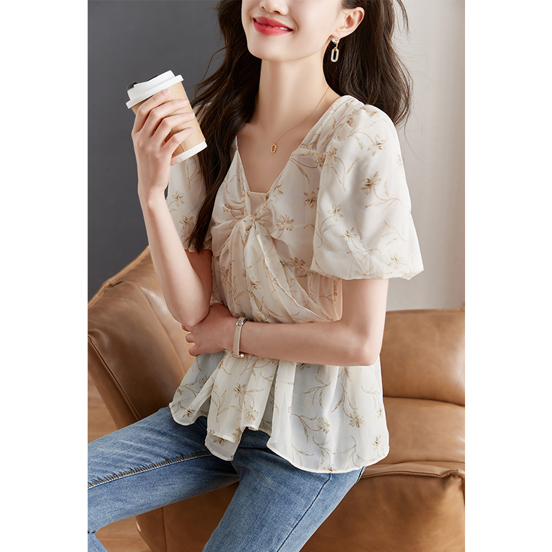 V-neck Western style chiffon shirt summer tops