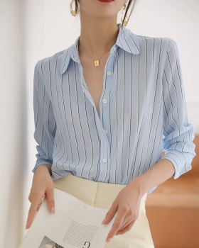 Summer silk long sleeve shirt stripe blue tops