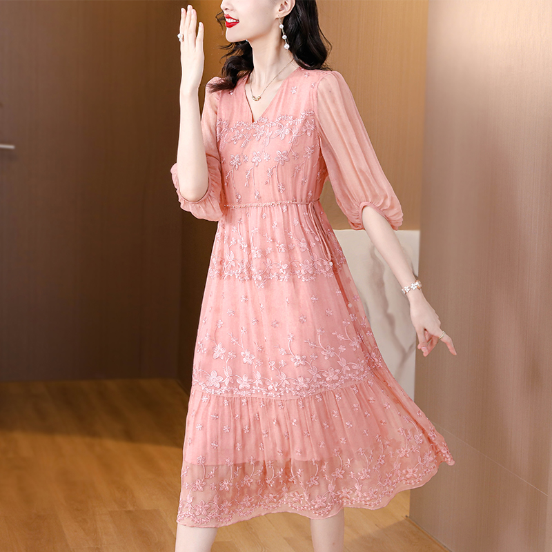 Real silk silk France style floral summer dress for women