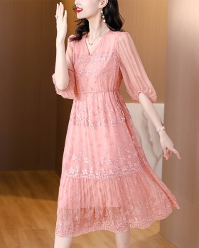 Real silk silk France style floral summer dress for women