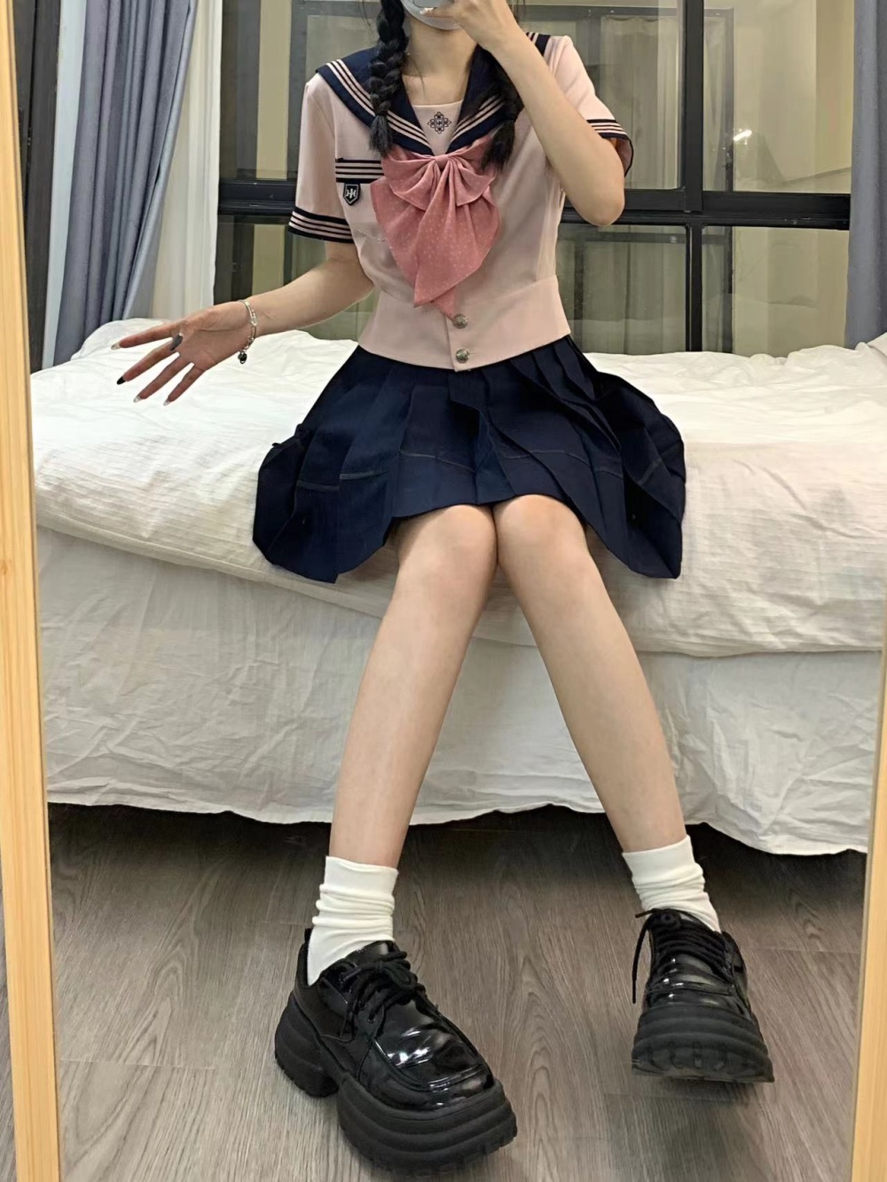 Sailor summer skirt pure student uniform 2pcs set for women