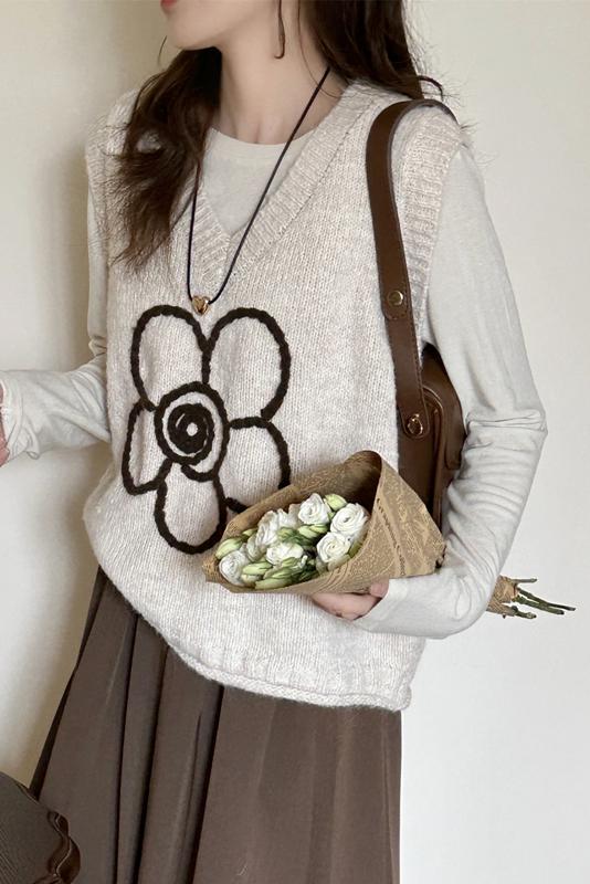 Flowers knitted vest sweet loose tops for women