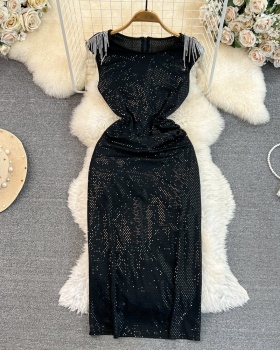 Sequins slim round neck formal dress glitter tassels dress