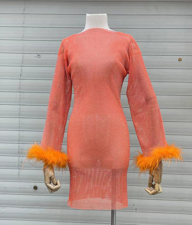 Rhinestone ostrich hair bottoming shirt perspective dress
