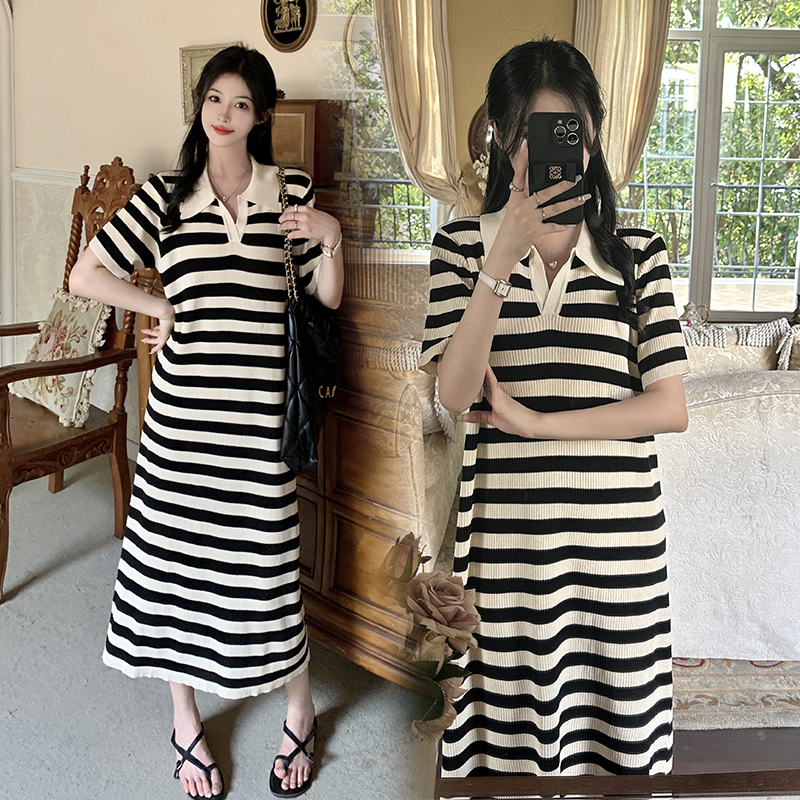 Stripe knitted fat slim all-match dress