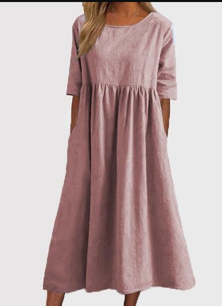 Cotton linen pure long round neck Casual loose dress