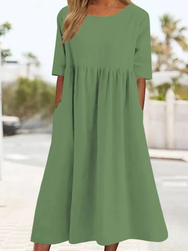 Cotton linen pure long round neck Casual loose dress