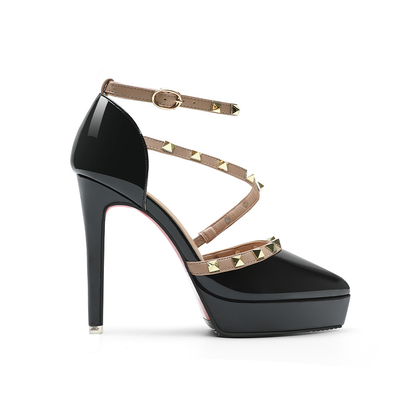 Patent leather platform rivet high-heeled shoes for women