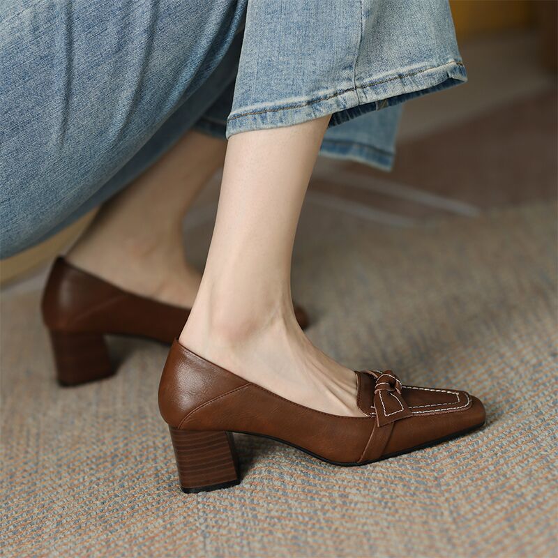 Retro bow shoes thick spring high-heeled shoes for women