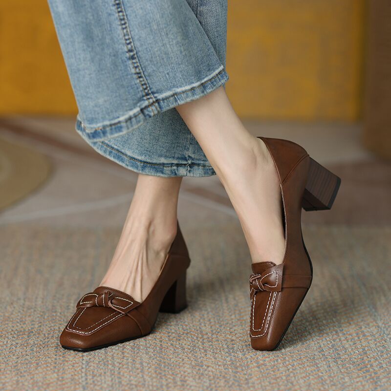 Retro bow shoes thick spring high-heeled shoes for women
