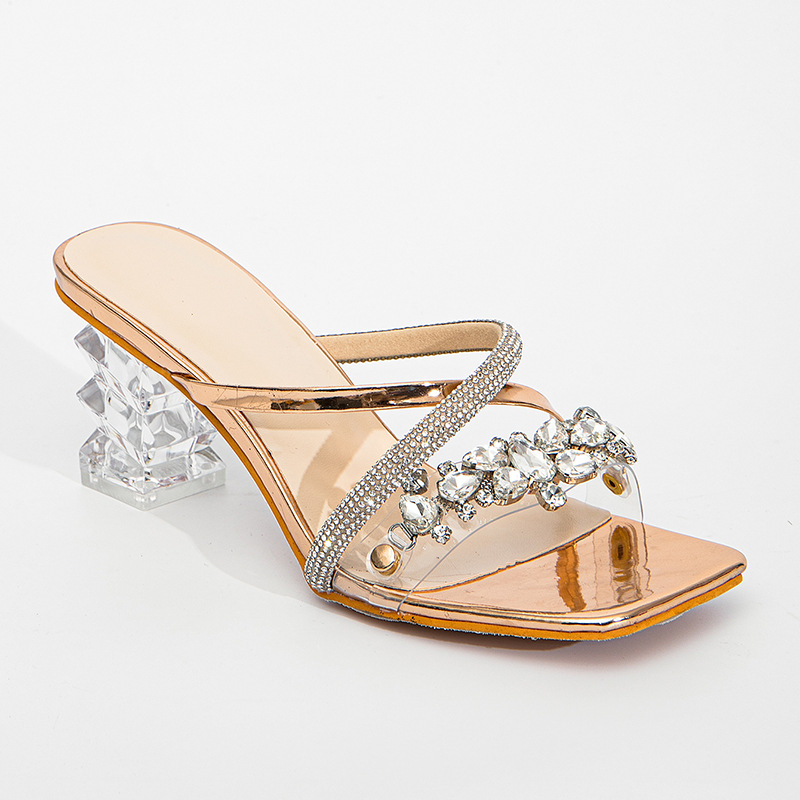 Transparent crystal sandals thick high-heeled slippers