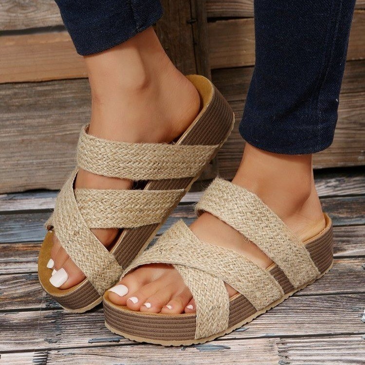 Flat cross Casual sandals European style pure weave slippers