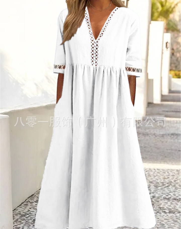 Pure lace spring and summer short sleeve V-neck dress