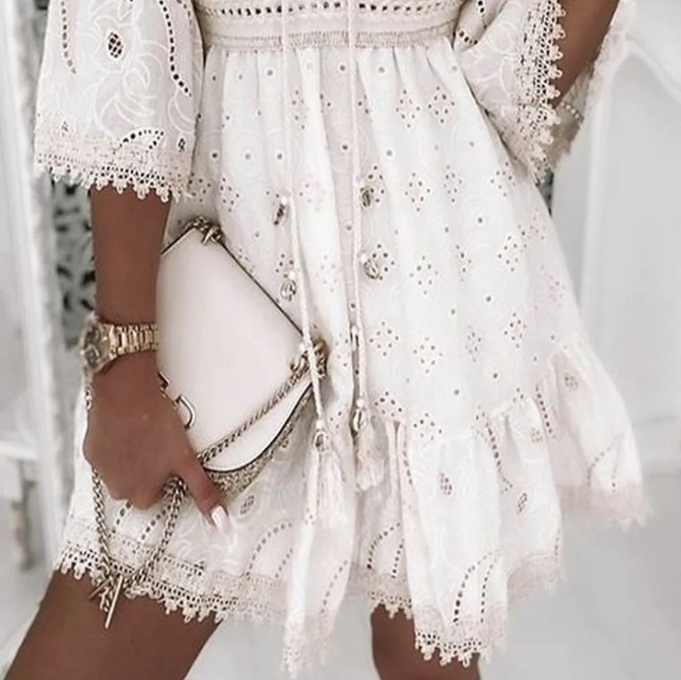 White hollow European style tassels embroidery dress for women