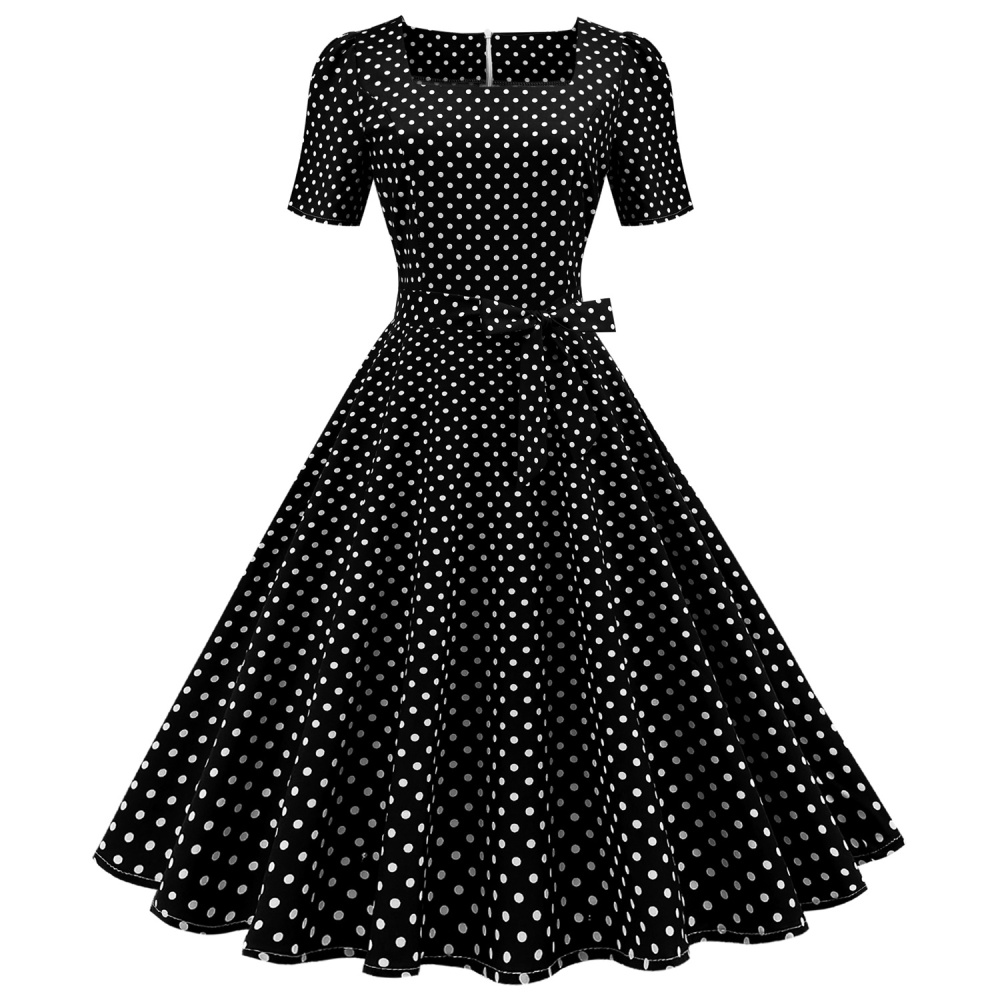 Square collar printing retro polka dot dress for women