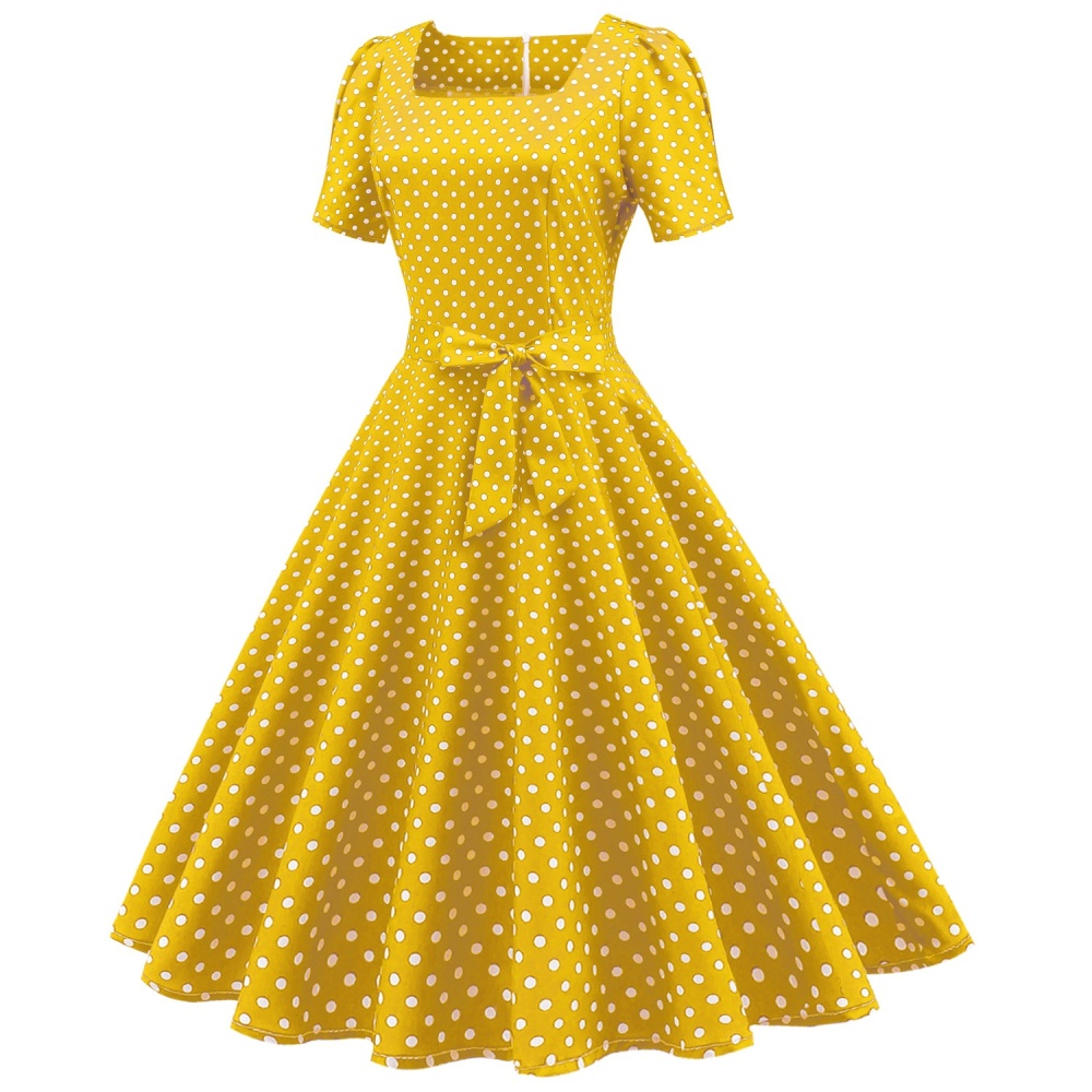 Square collar printing retro polka dot dress for women