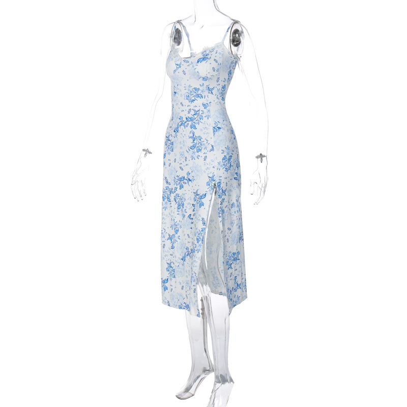 Split European style floral summer sling dress for women