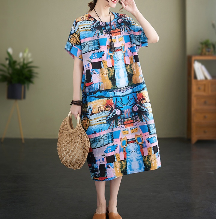 Printing cotton linen retro summer large yard dress