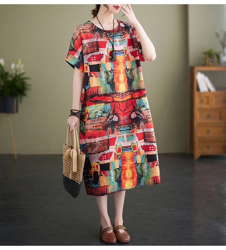 Printing cotton linen retro summer large yard dress