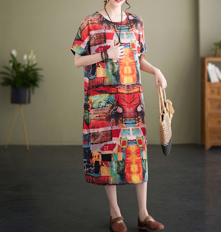 Printing cotton linen retro summer large yard dress