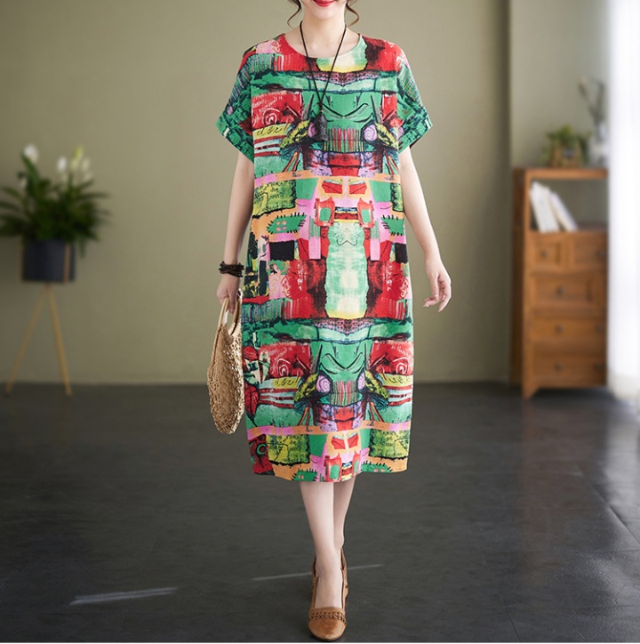 Printing cotton linen retro summer large yard dress