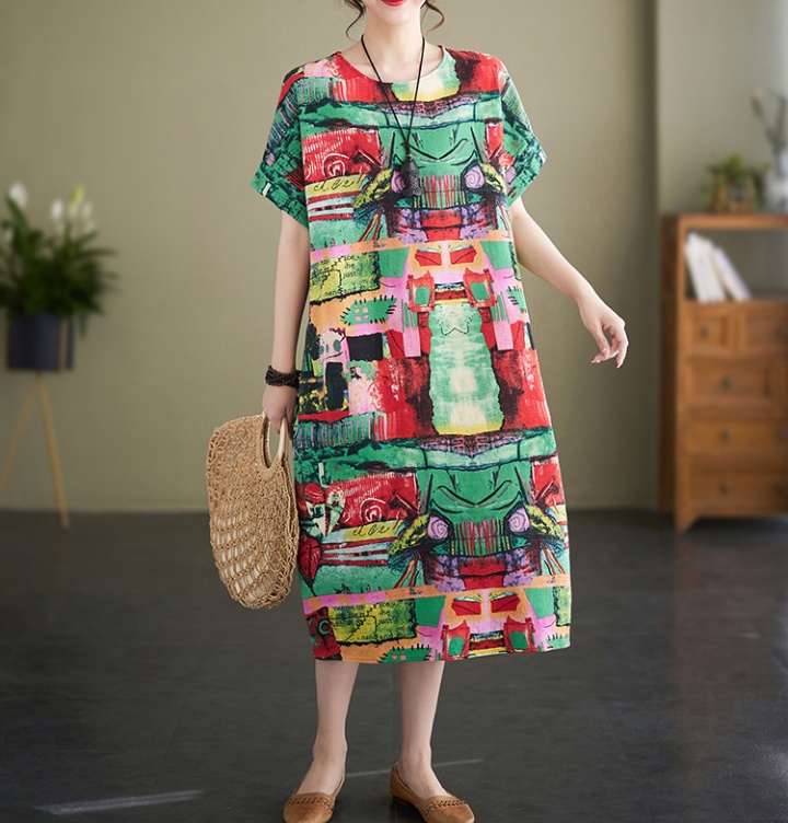 Printing cotton linen retro summer large yard dress