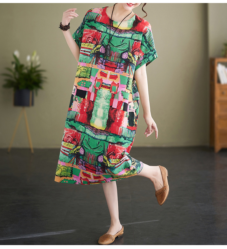 Printing cotton linen retro summer large yard dress