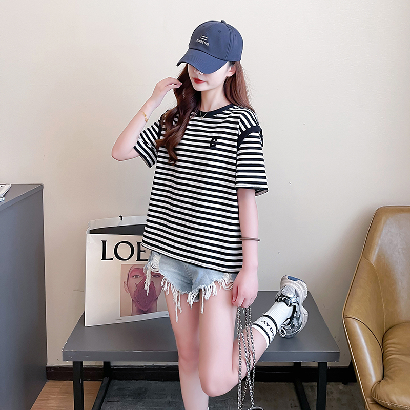 Stripe short sleeve T-shirt round neck Korean style tops