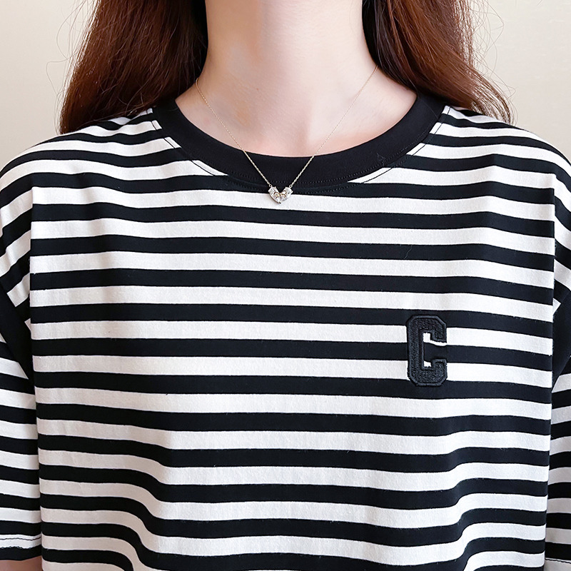 Stripe short sleeve T-shirt round neck Korean style tops