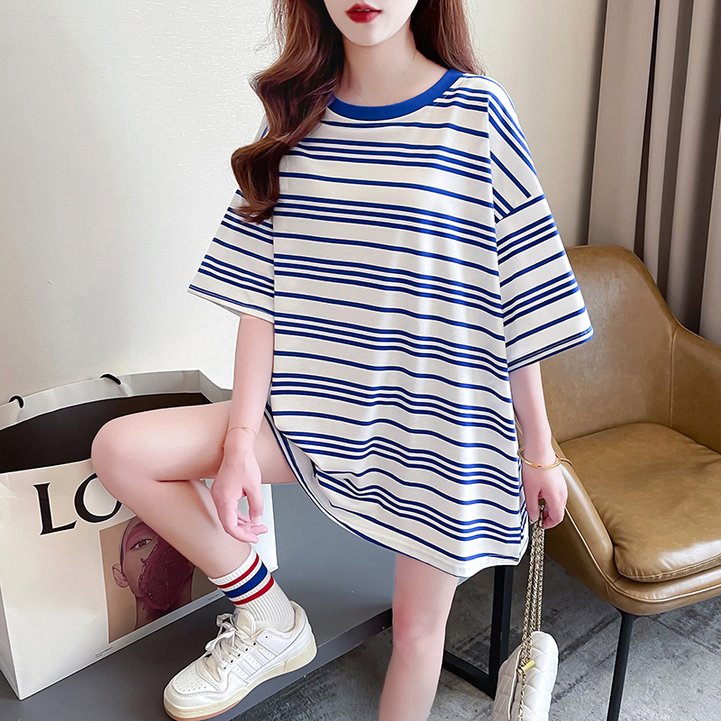 Short sleeve pure cotton tops stripe quality T-shirt for women