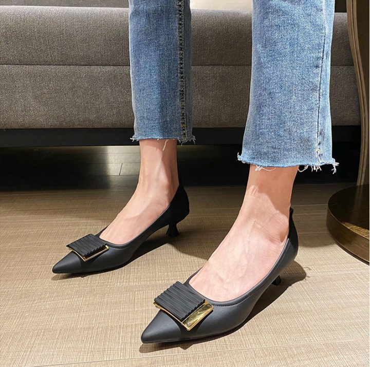 Low high-heeled shoes side buckle shoes for women