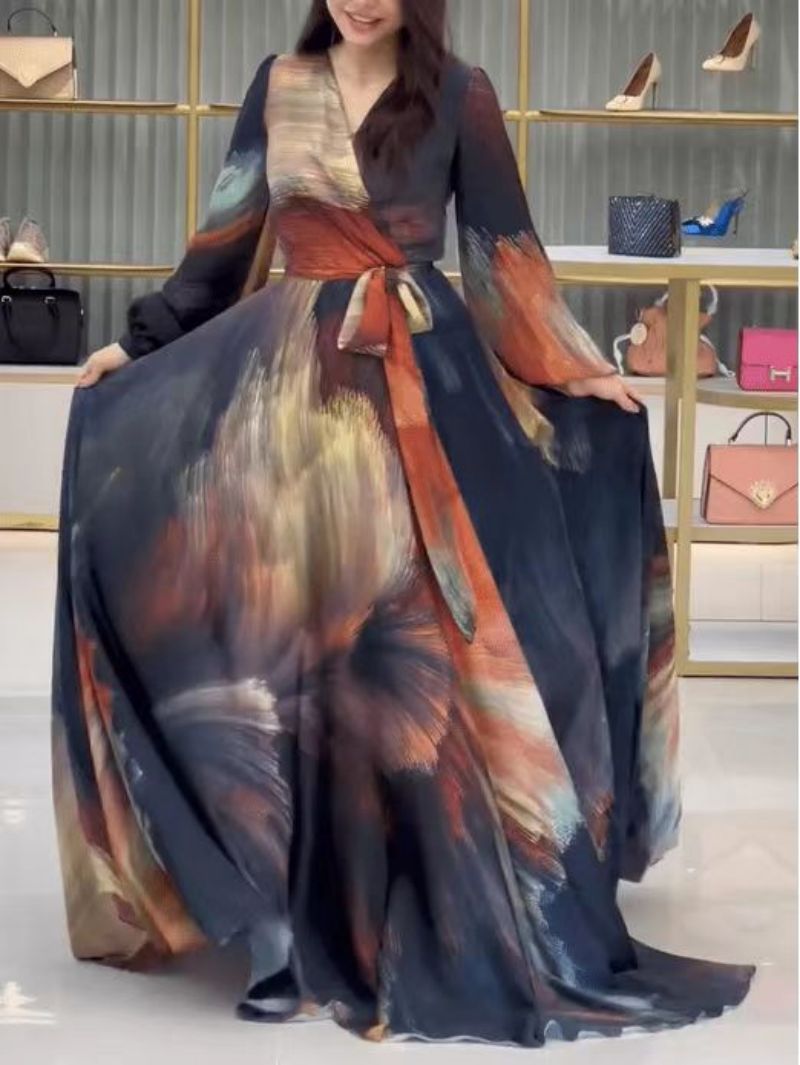 Sexy long sleeve big skirt V-neck printing dress for women