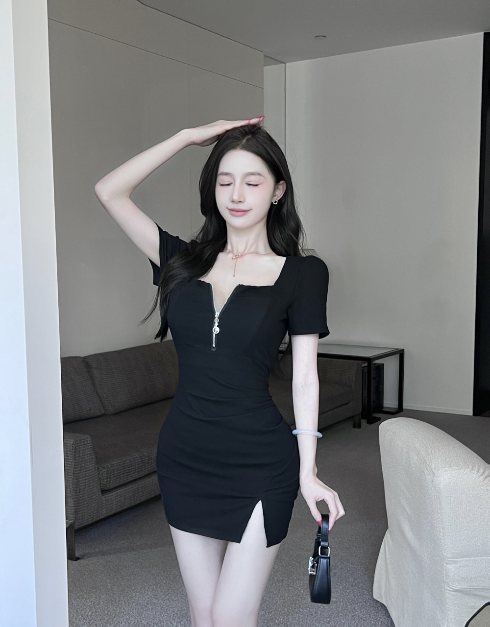 Front zip package hip short sleeve high elastic sexy dress