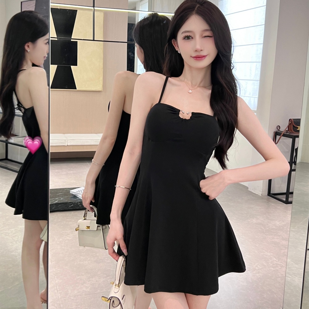 Pinched waist summer T-back square collar dress for women