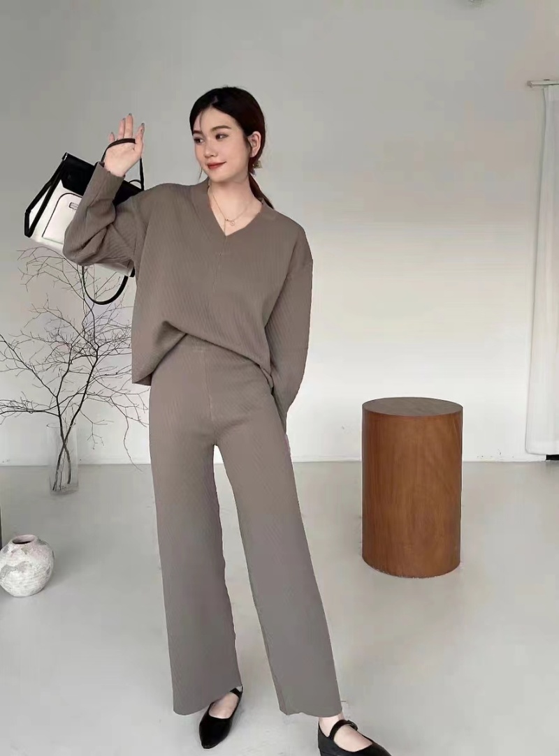 Fashion niche wide leg pants V-neck knitted tops 2pcs set