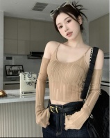 Slim cross strapless with sleeve knitted bottoming shirt