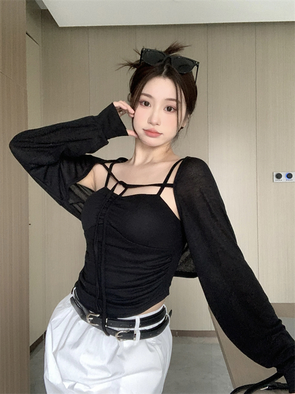Knitted long sleeve unique halter tops 2pcs set for women