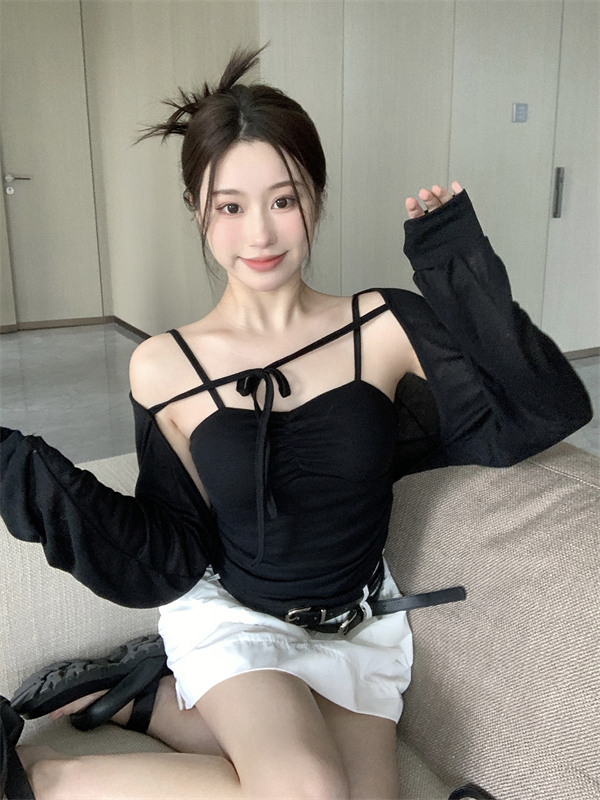 Knitted long sleeve unique halter tops 2pcs set for women