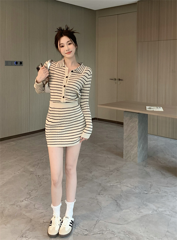 Niche knitted skirt long sleeve cardigan 2pcs set