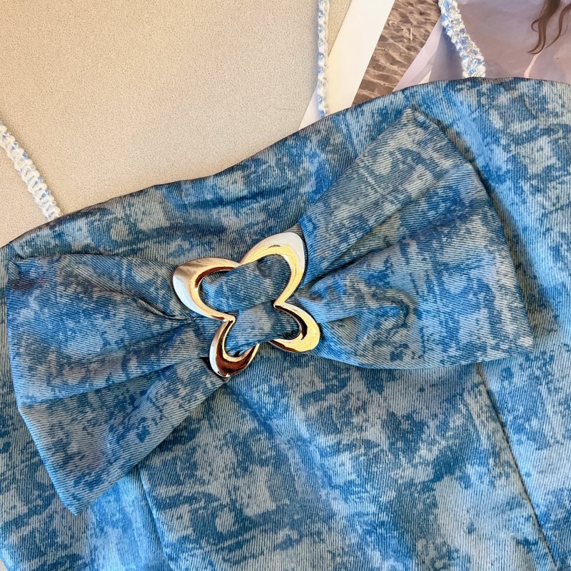 Bow tie dye short small sling blue summer tops for women