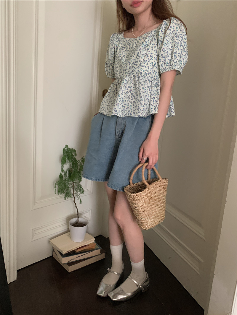 Fold refreshing short sleeve floral France style shirt